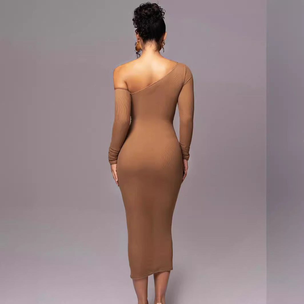 Women's Bodycon Dress – Asymmetric One Shoulder – Long Sleeve – Tailored Elegance