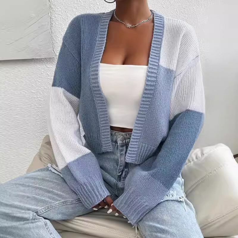 Block Pattern V-Neck Knit Cardigan