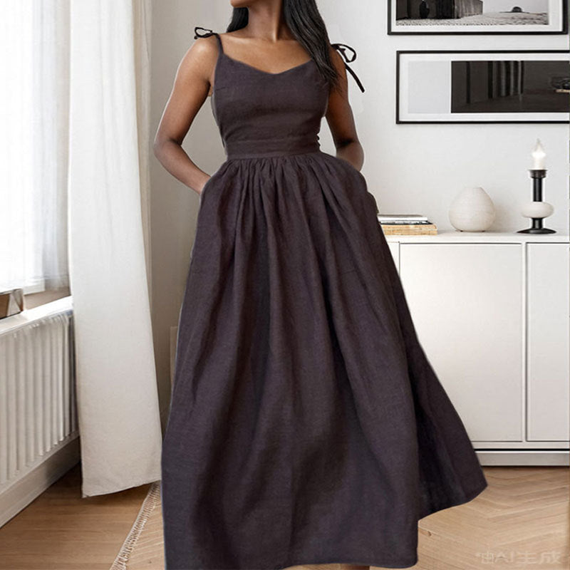Dress for Women – Midi – Light and Breathable – V-Neckline – Open Back – Slit – Adjustable Straps