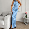 Women's Evening Dress – Satin – Figure-Hugging – Halterneck – High Slit – Floor-Length – Elegant