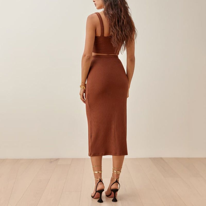 Women's Set – Ribbed Knit Crop Top and High-Waisted Midi Skirt – Slim Fit