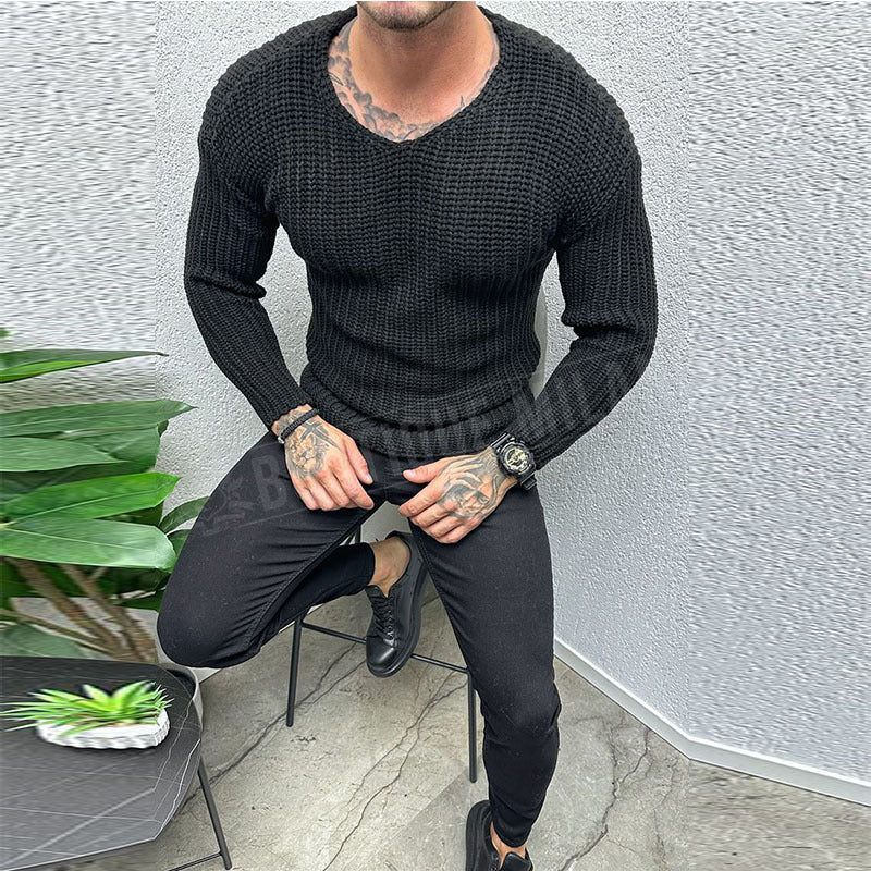 Men's Sweater – Slim Fit – Heavy Wool Knit – Round Neck – Long-Sleeved Casual Wear