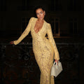 Women's dress in lace – Slim fit – Deep V-neckline – Long sleeves – Party dress