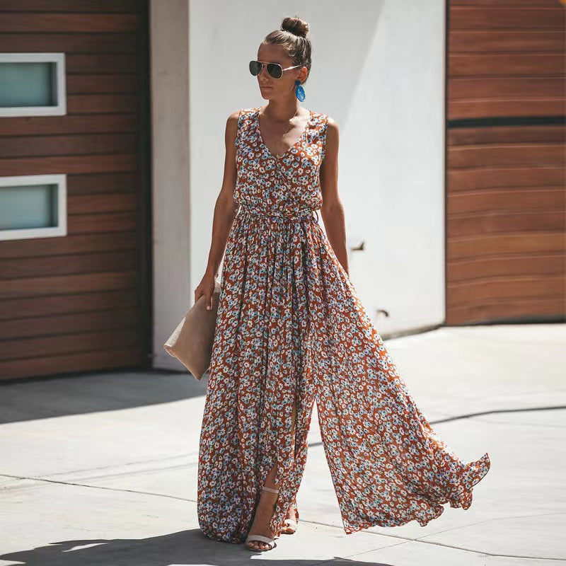Women's Maxi Dress – Sleeveless – Light and Breathable – Deep V-neck – Tie Detail – Floral Print