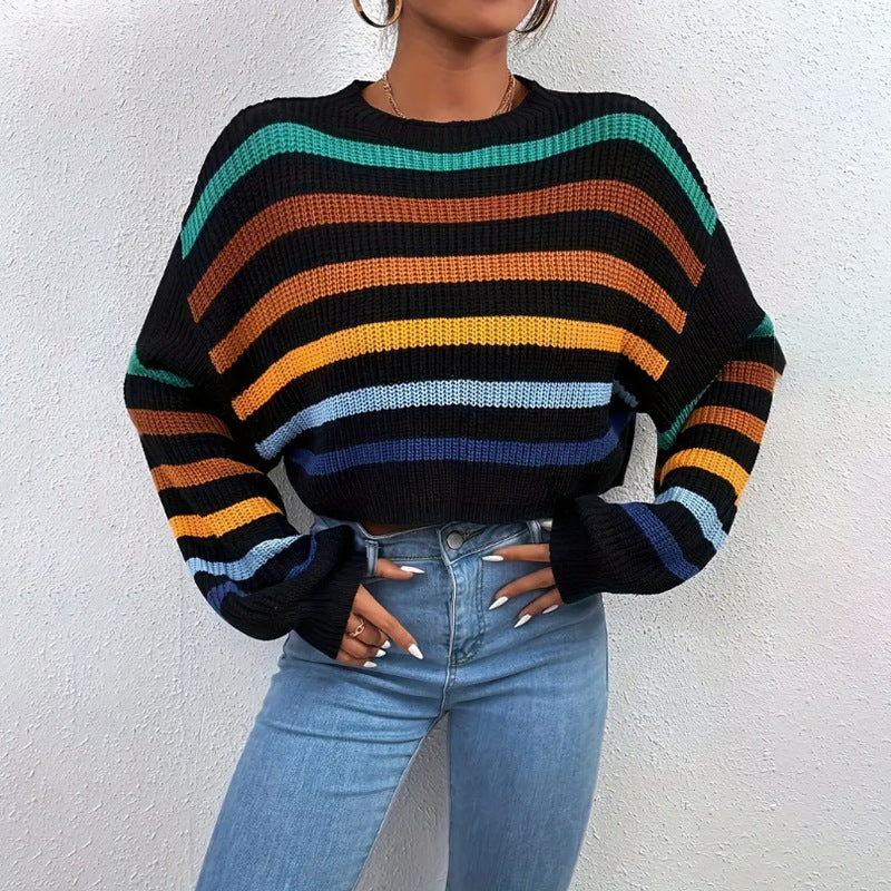 Oversize Fit Striped Crew Neck Knit Sweater