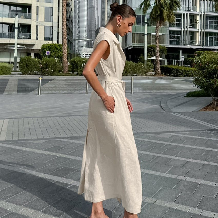 Women's High-Waisted Dress – Cotton Linen Blend – Sleeveless – Tie Waist – Full-Length Slit