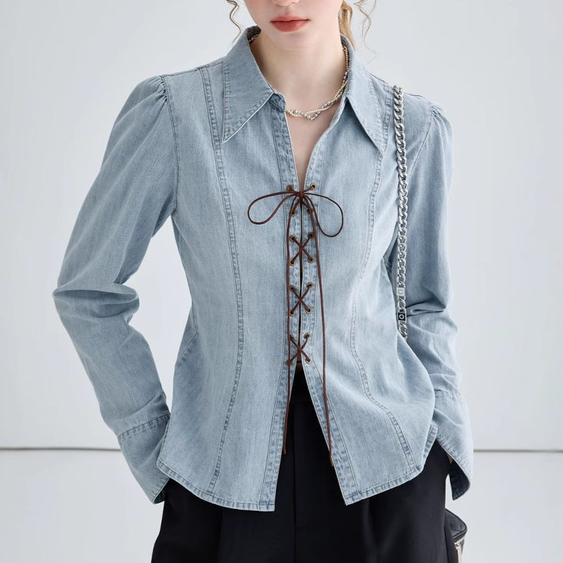 Women's Shirt Jacket – Denim – Tailored Fit – Lace Closure – Long Sleeves