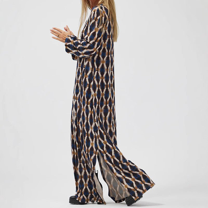 Loose Fit Printed Button Detail Midi Dress