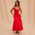 Women's Dress – Satin – Fitted with Ruffled Skirt – Sleeveless Round Neck – Mid-Length