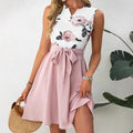 Women's Dress – Slim Fit – Sleeveless – Round Neck – Floral With Belt