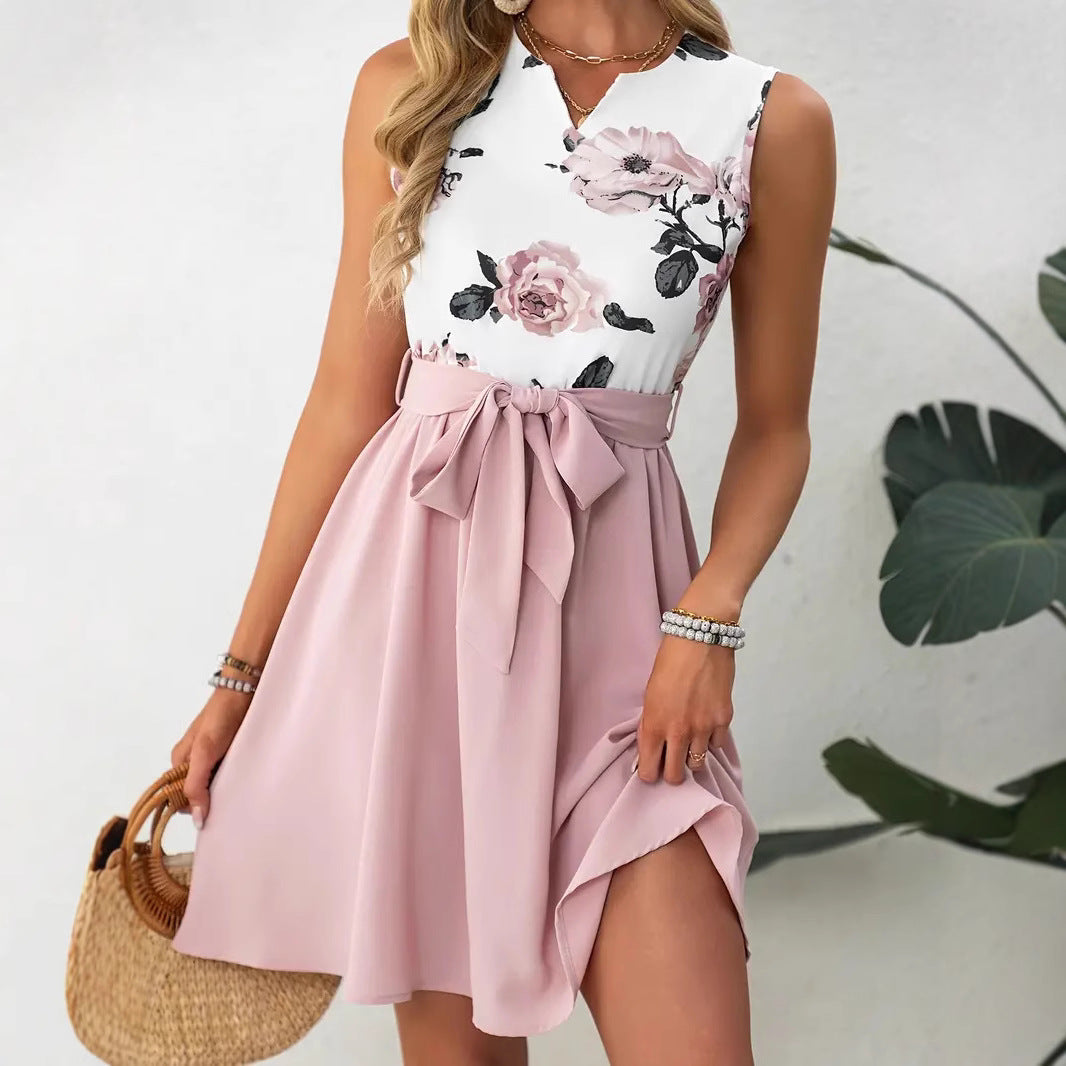 Women's Dress – Slim Fit – Sleeveless – Round Neck – Floral With Belt