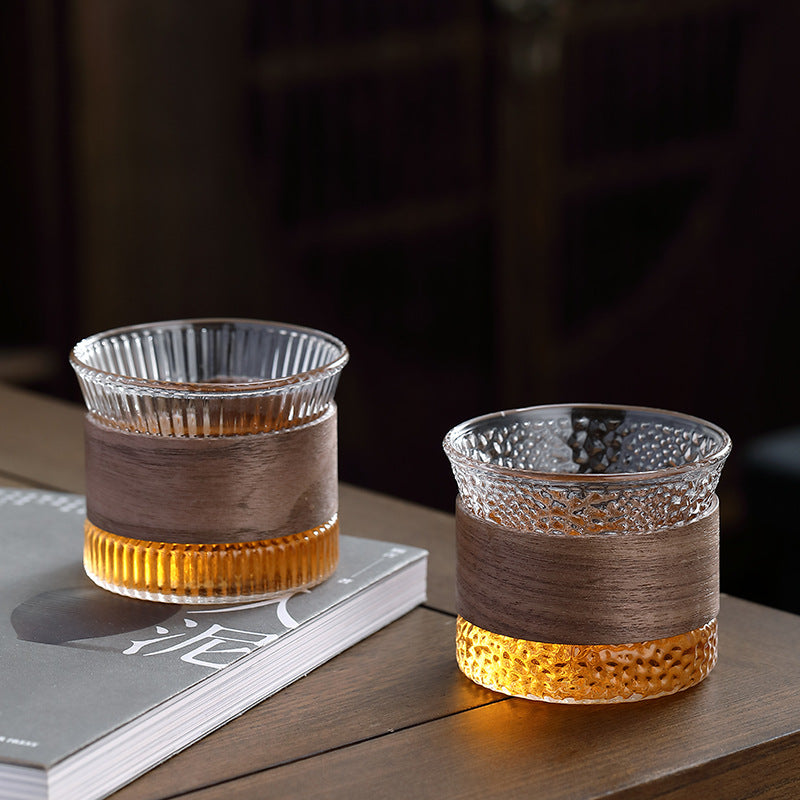 Oak Wood Weighted Ribbed Whisky Tumbler