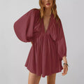 Dress for women – Short model – Cotton linen mix – V-neck – Long sleeves – Loose fit