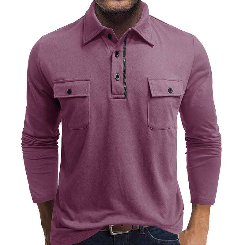 Flap Pocket Cotton Blend Long Sleeve Polo Shirt