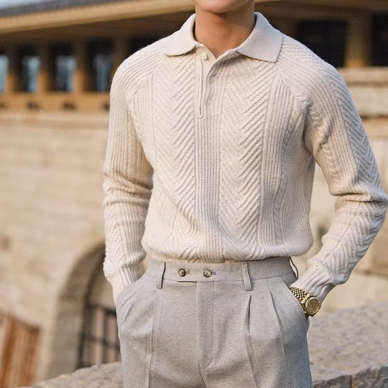 Soft Stretchable Cable Knit Polo Collar Sweater