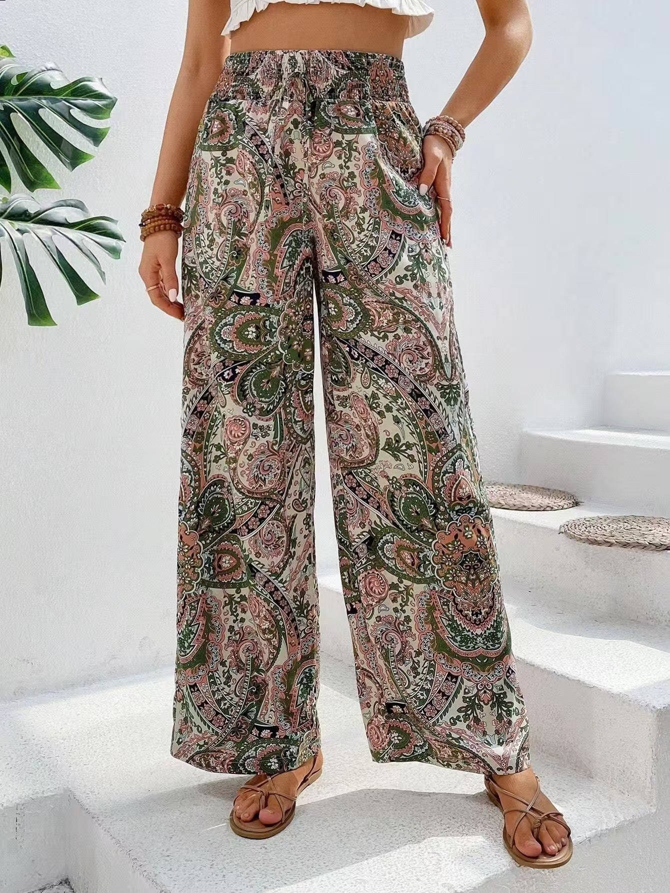Women's Pants – Wide Leg – Elastic Waist – Breathable Lightweight Material – Bohemian Print