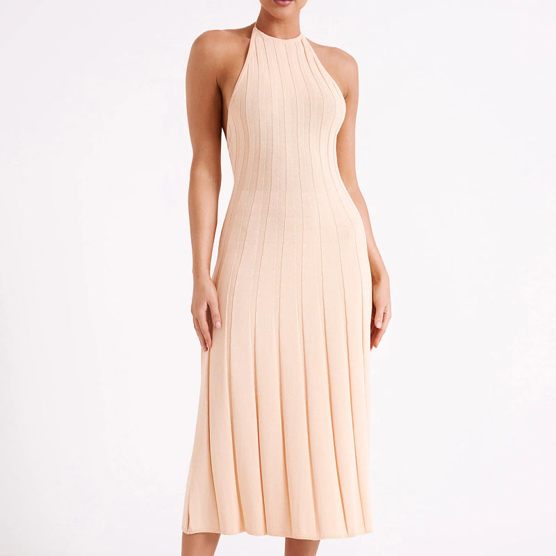 Halterneck Ribbed Pleated Knit Midi Dress