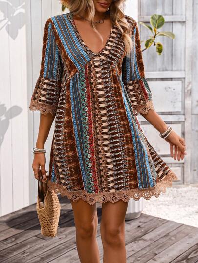 Women's Summer Dress – A-Line Fit – V-Neck – Boho Pattern – Lace Trim – 3/4 Sleeves