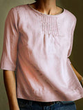 Women's Blouse – Cotton Linen Blend – Loose Fit – 3/4 Sleeve – Pleated Front