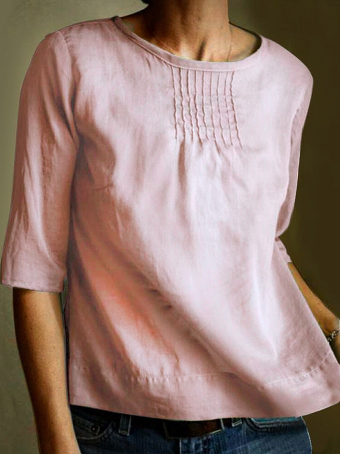 Women's Blouse – Cotton Linen Blend – Loose Fit – 3/4 Sleeve – Pleated Front