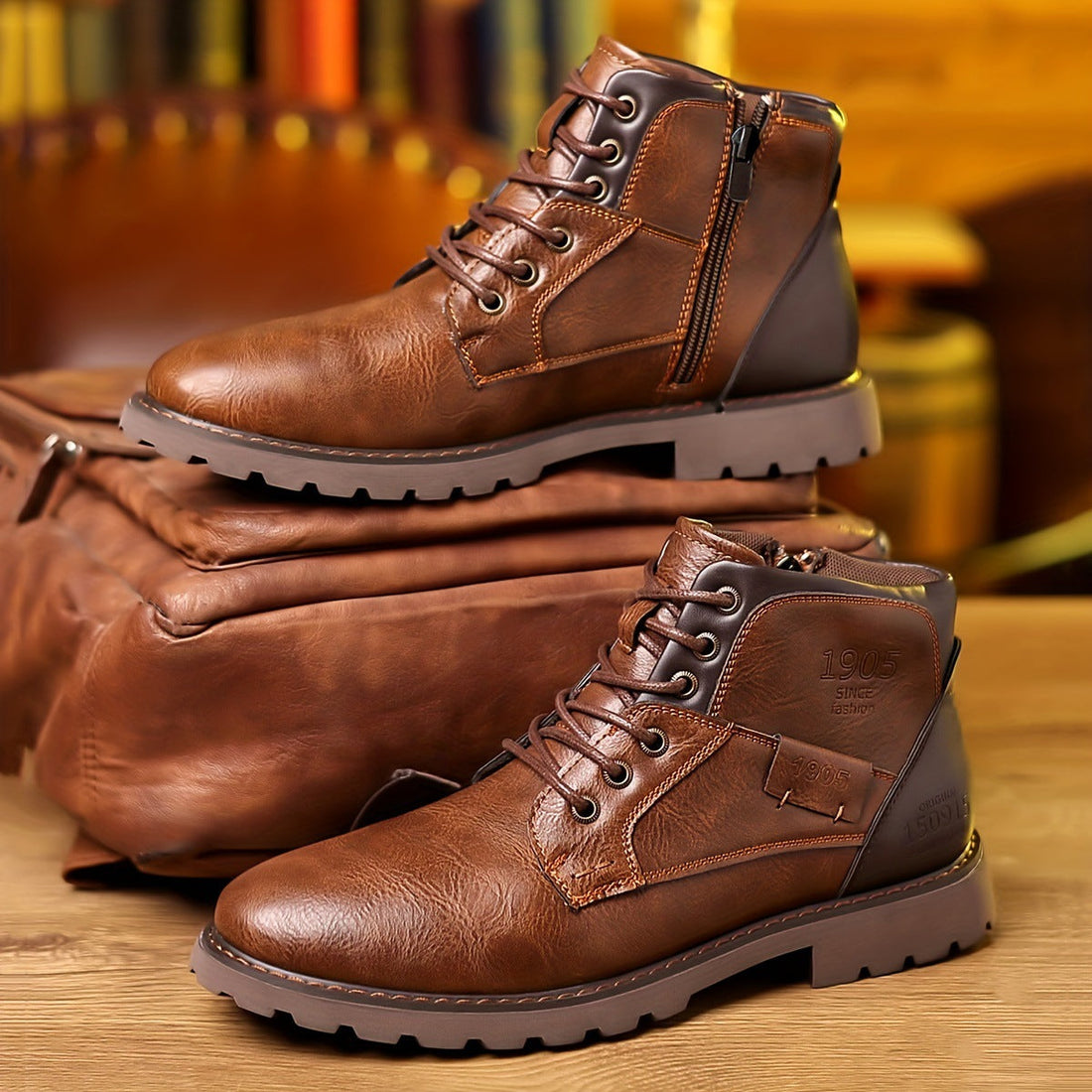 Mid-Calf Lace-Up Synthetic Leather Boot