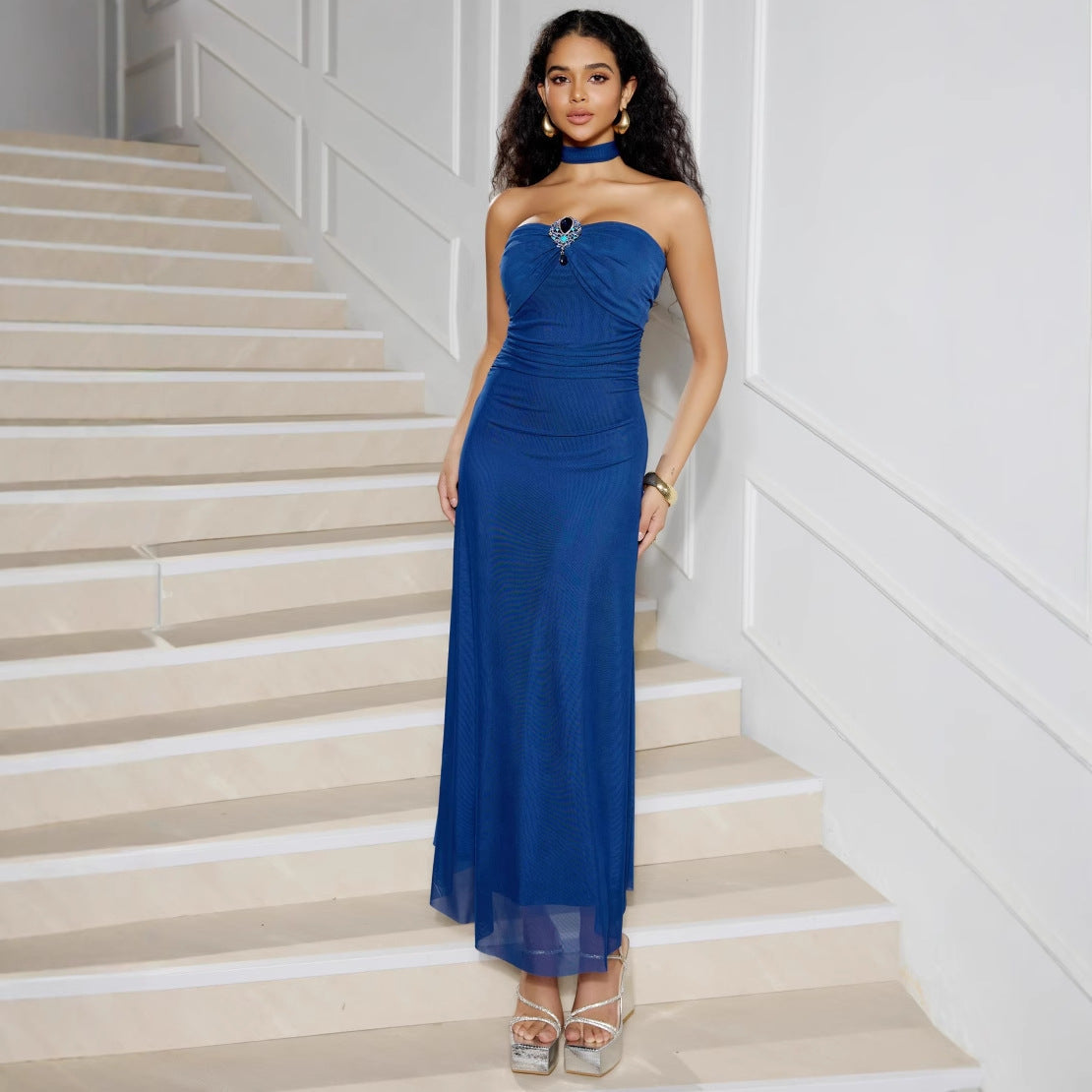 Women's Evening Dress – Strapless Slim Fit – Mesh Overlay – Floor-Length Party Dress