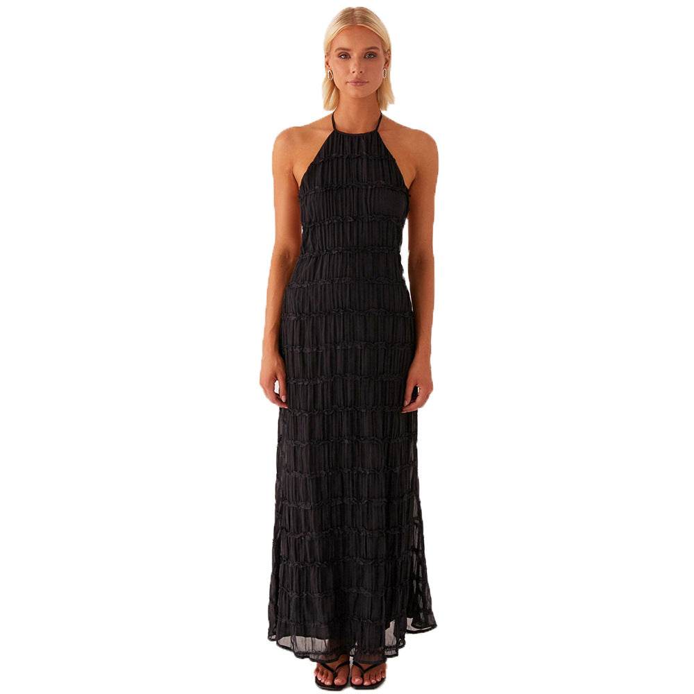 Women's Maxi Dress – Fitted Shape – Halterneck – Ruched Texture – Open Back