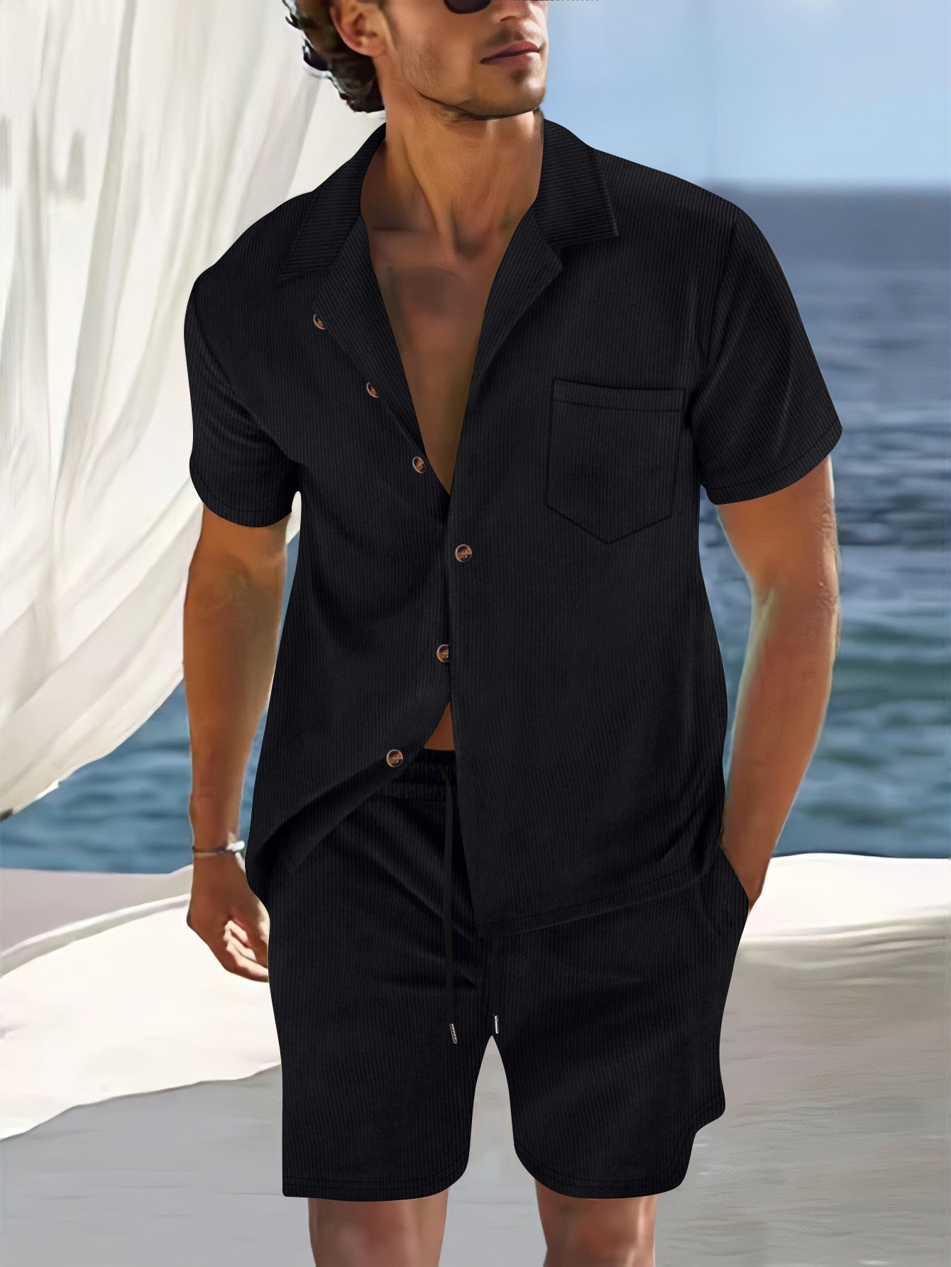 Men's Set with Shirt and Shorts – Relaxed Fit – Cuban Collar – Light Cotton Blend