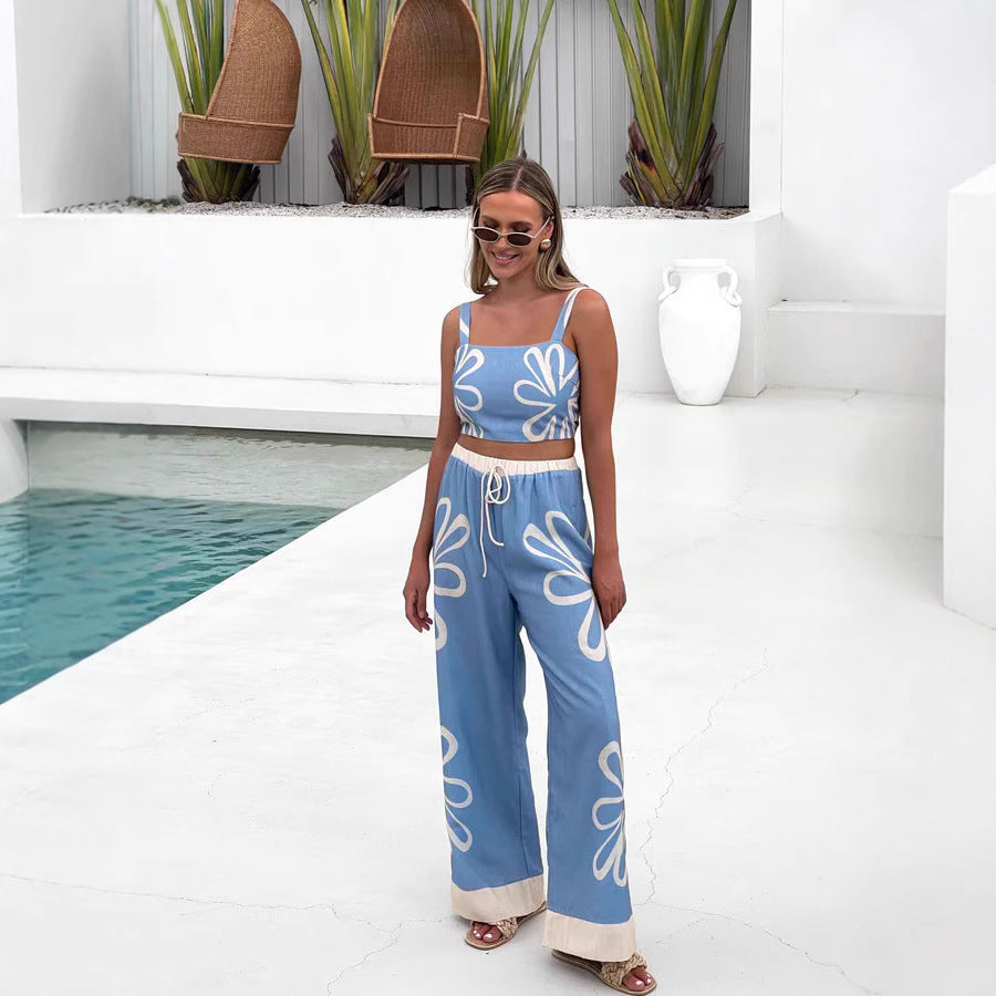 Women's Set with Top and Wide Pants – Cotton – Relaxed Fit – Floral Pattern