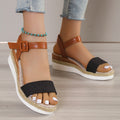 Women's sandals with wedge heel – Imitation leather – Jute sole – Open toe – Buckle closure