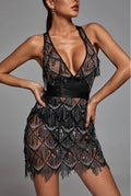 Women's Midi Dress – Fitted Silhouette – Deep V-Neckline – Sequin and Fringe Details