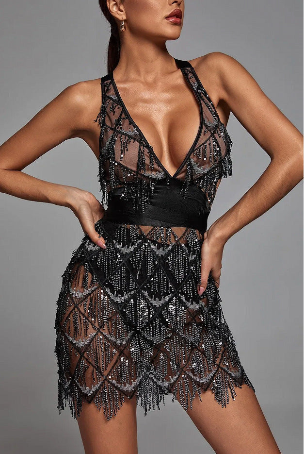 Women's Midi Dress – Fitted Silhouette – Deep V-Neckline – Sequin and Fringe Details