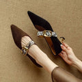 Women's Mary Jane Shoes – Suede – Pointed Toe – Mid Heel – Decorative Buckle Strap