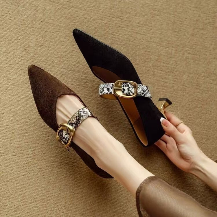 Women's Mary Jane Shoes – Suede – Pointed Toe – Mid Heel – Decorative Buckle Strap