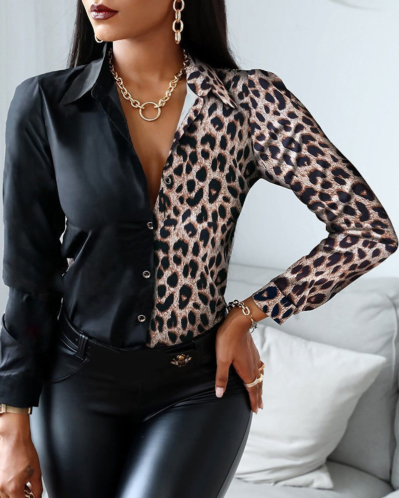 Women's Shirt - Button Closure - Chain Patterned Print - Classic Collar - Long Sleeves