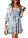 Women's A-line dress – Cotton blend – U-neck – Short sleeve – Floral pattern – Smocked bodice