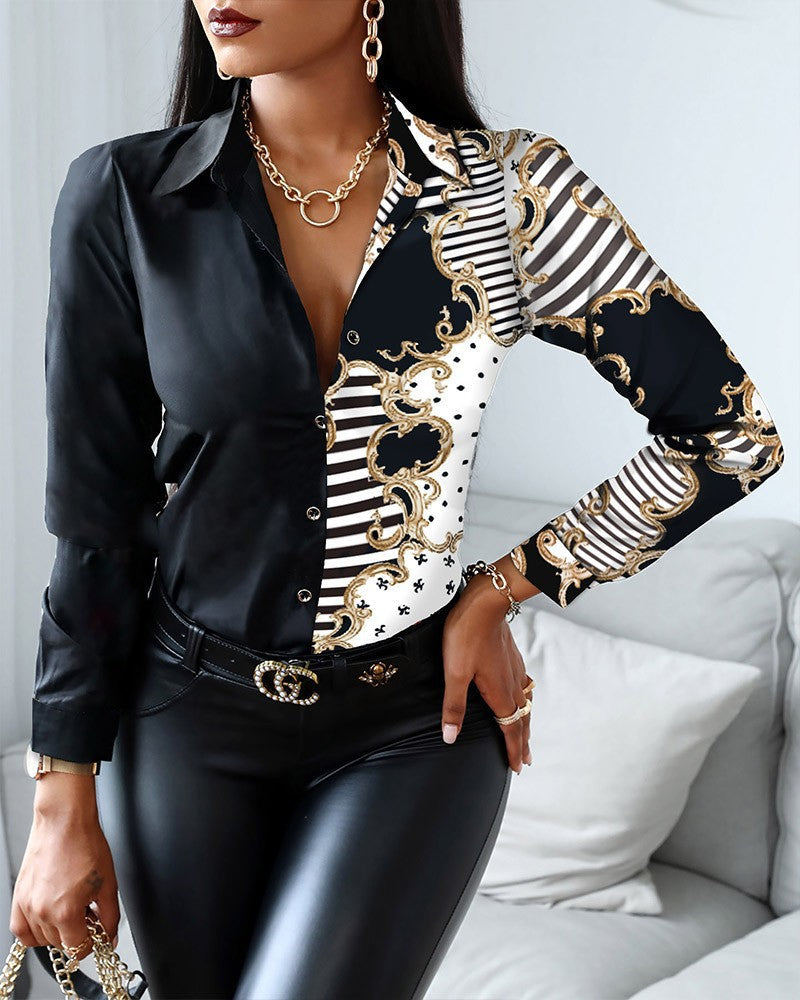 Women's Shirt - Button Closure - Chain Patterned Print - Classic Collar - Long Sleeves