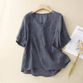 Women's Short-Sleeved Shirt – Loose Fit – V-Neck – Embroidery – Breathable Quality