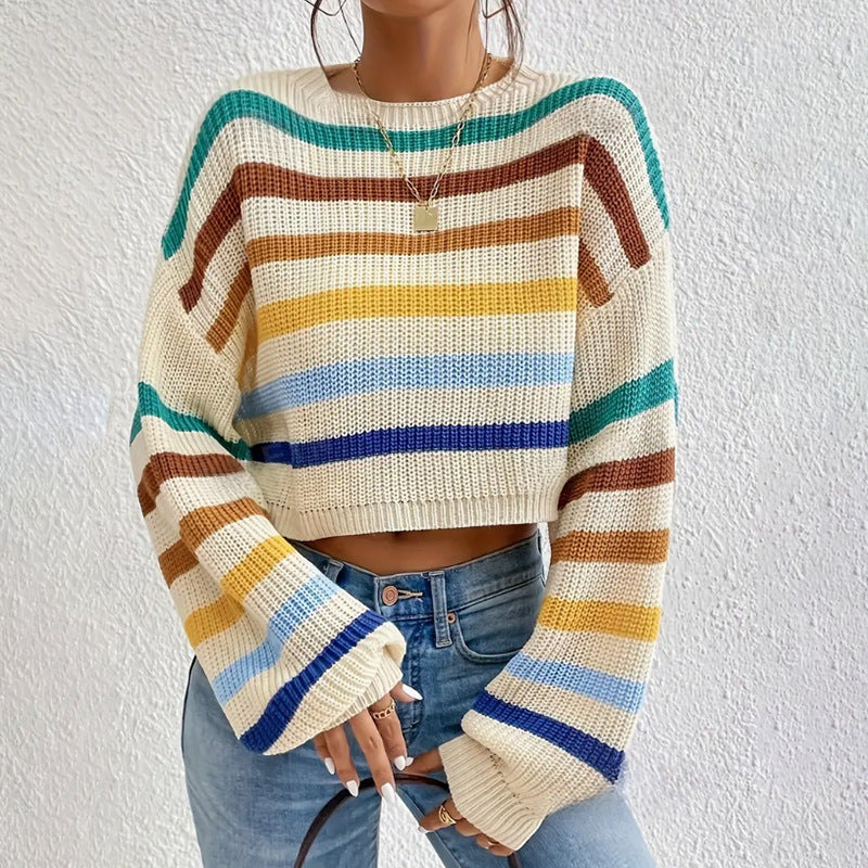 Women's Knit Sweater – Oversize Fit – Crew Neck – Striped Design – Long-Sleeved Casual