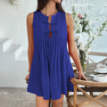 Women's Dress – Sleeveless – Relaxed Fit – Pleated Front – Tie Neck – Short Length