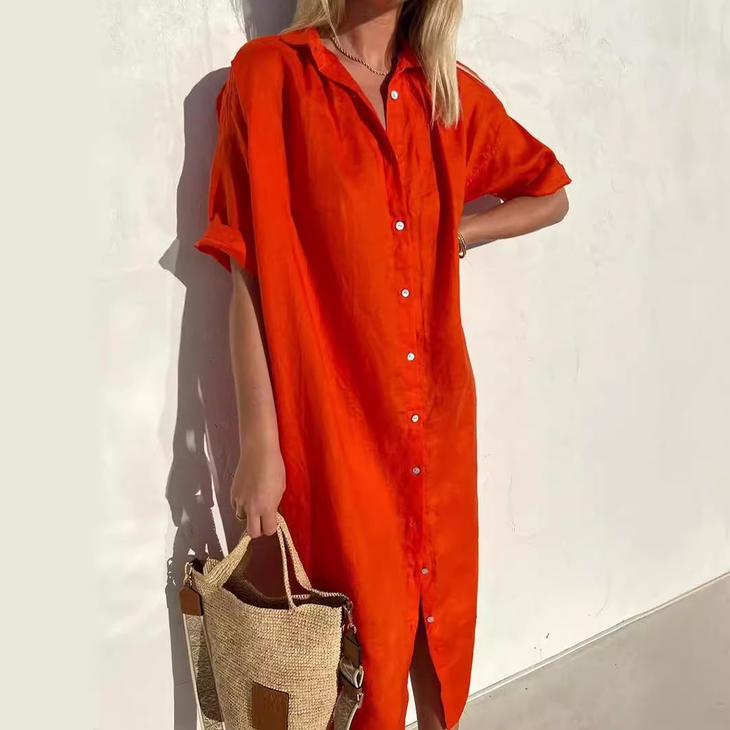 Women's Shirt Dress – Cotton Linen Blend – Relaxed Fit – Short Sleeve – Button Closure