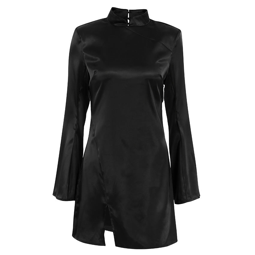 Women's Dress Mini – Satin – Tailored – Bell Sleeves – Elegant Evening Look