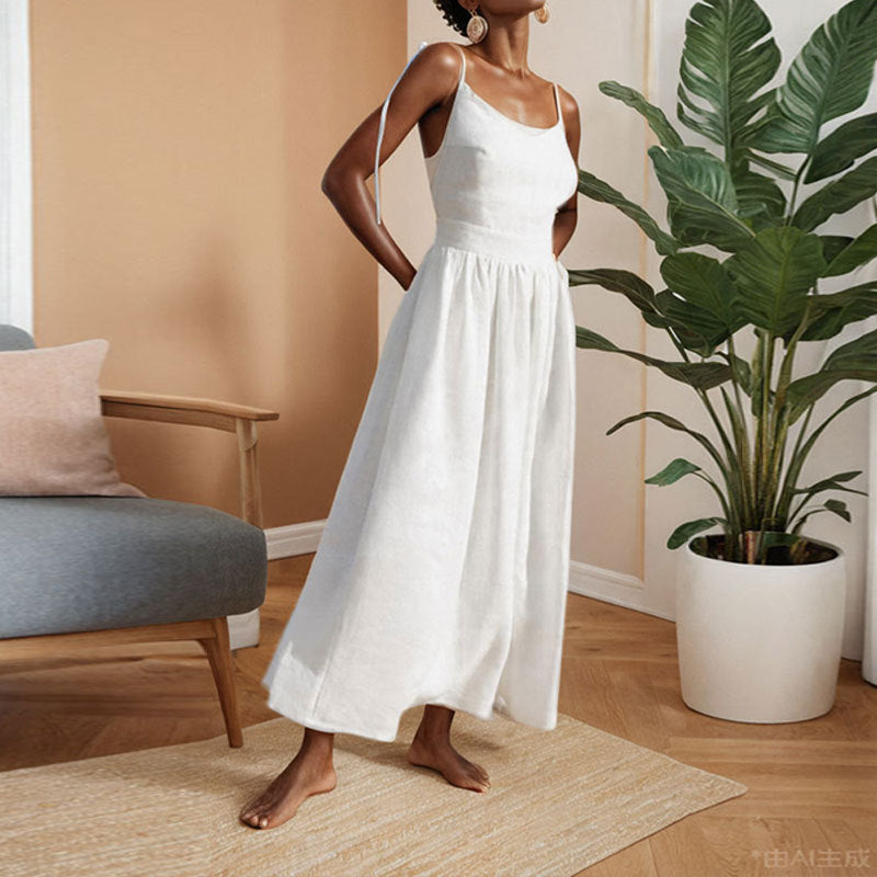 Dress for Women – Midi – Light and Breathable – V-Neckline – Open Back – Slit – Adjustable Straps