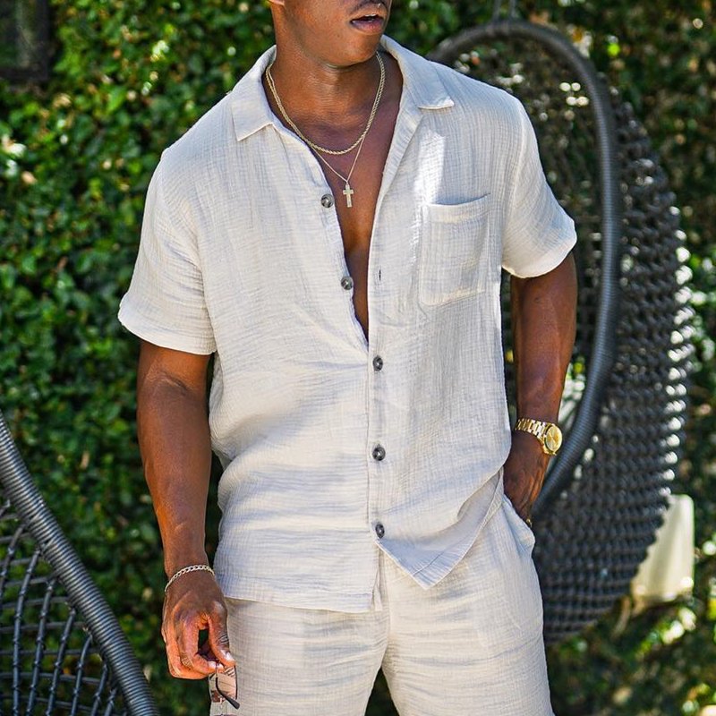 Men's Shirt with Buttons – Cotton/Linen – Relaxed Fit – Short-Sleeved Casual Style