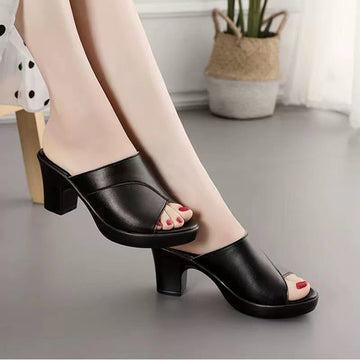 Soft Leather Comfort Fit Block Heel Mules
