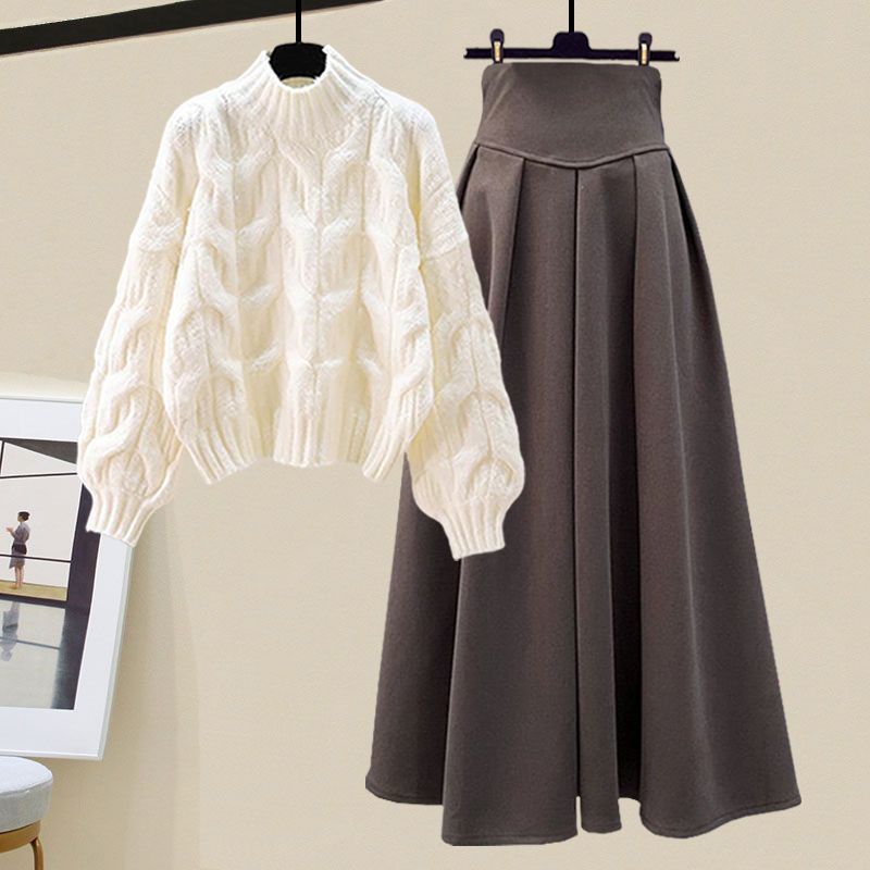 Wool Cable Knit Pleated Two-Piece Set