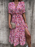 Women's Maxi Dress – V-Neck – Short Sleeve – Floral Print – Elastic Waist – Slit