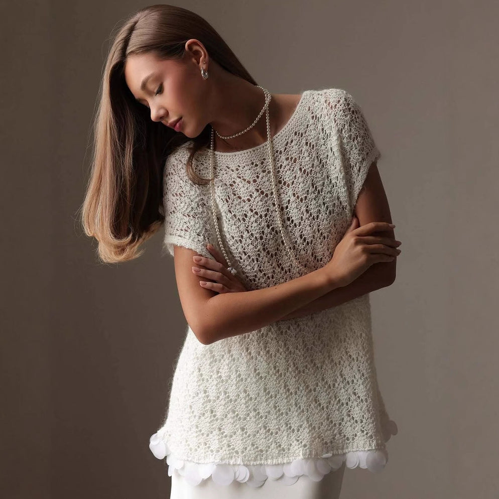 Women's Knit Blouse – Loose Fit – Lace Edge – Short Sleeve – Light and Breathable