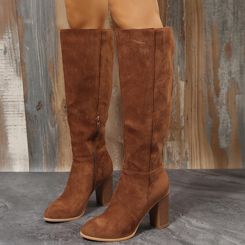 Faux Suede Almond Toe Block Heel Knee-High Boots