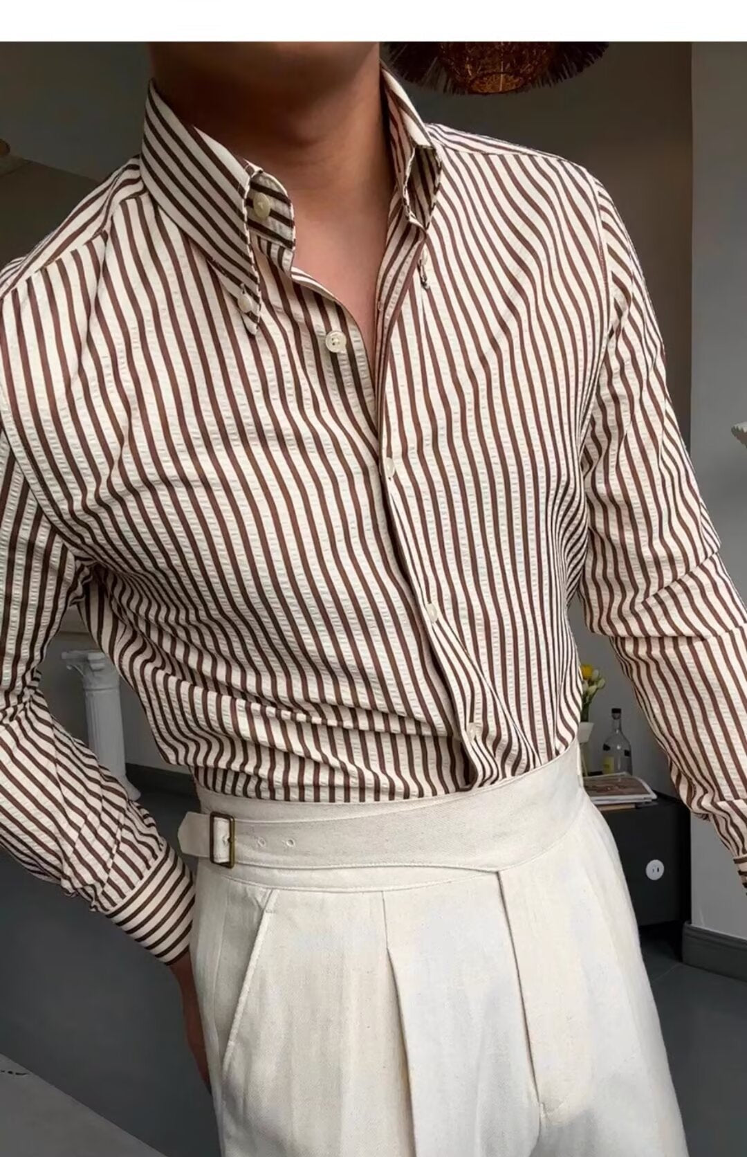 Men's Shirt with Long Sleeves – Tailored Fit – Breathable Cotton Blend – Striped Design